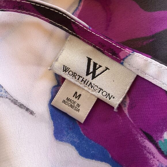 Worthington Sheer Top Blouse Floral Tie Belt Chiffon Ladies Medium M - Picture 7 of 7